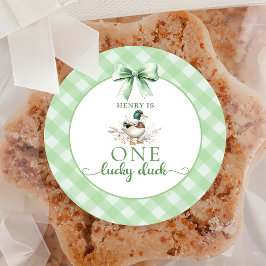 Redonda Green Gingham Un Pegatina del primer cumpleaños de