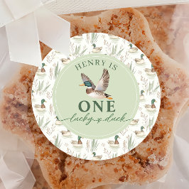 Redonda Green One Lucky Duck Pegatina de primer cumpleaños