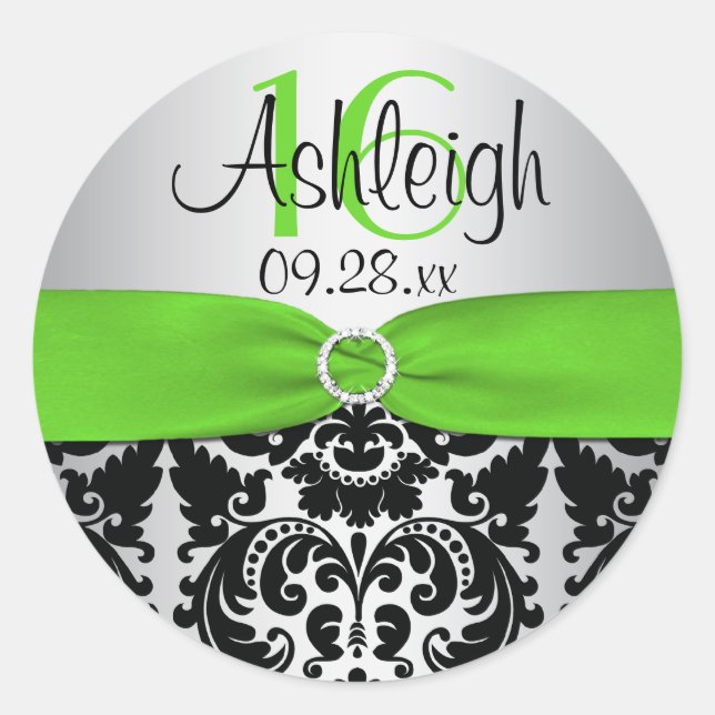 Redonda Green, Silver, Black Damask Sweet 16 Pegatina (Anverso)