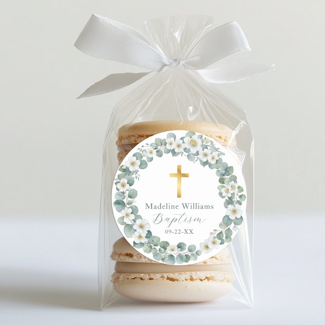 Redonda Greenery and Gold Cross Baptism Pegatina | Elegant (Baptism Sticker Favor)