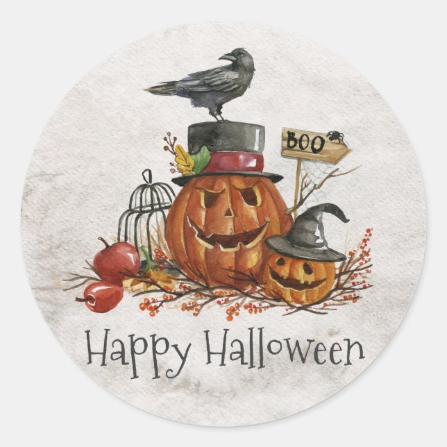 Redonda Halloween Black Bird and Pumpkins | PEGATINA (Anverso)