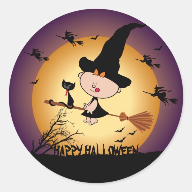 Redonda Halloween Witch on Broomstick Pegatina (Anverso)