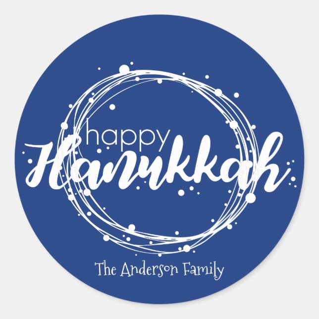 Redonda Happy Hanukkah Snow Bubbles Pegatina Gift Tag (Anverso)
