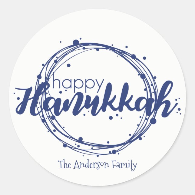 Redonda Happy Hanukkah Snow Bubbles Pegatina Gift Tag (Anverso)