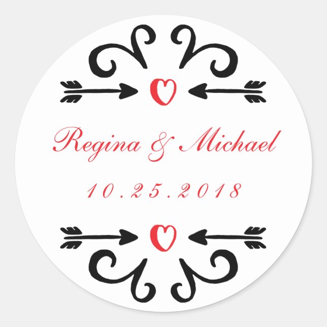 Redonda Heart Arrow Swirl Curl Boda Gracias Pegatina (Anverso)