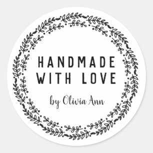 Redonda Hecho a mano con amor Laurel Pegatina personalizad
