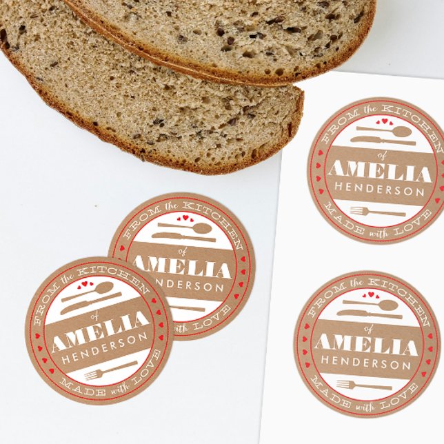 Redonda Hecho con amor Comida Regalo Pegatina kraft (custom homemade treats gift sticker from the kitchen and made with love)