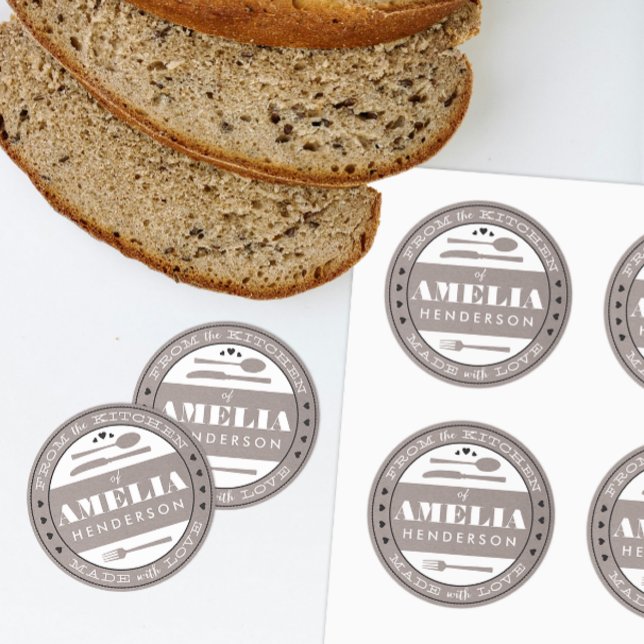Redonda Hecho con amor Comida Regalo Pegatina kraft gris (custom homemade treats gift sticker from the kitchen and made with love)