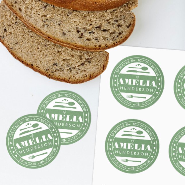 Redonda Hecho con amor Comida Regalo Pegatina papel kraft  (custom homemade treats gift sticker from the kitchen and made with love)