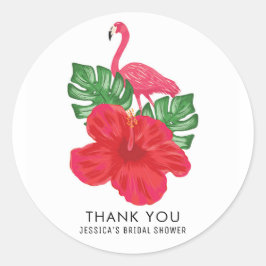 Redonda Hibiscus y Flamingo Tropical Gracias Pegatina