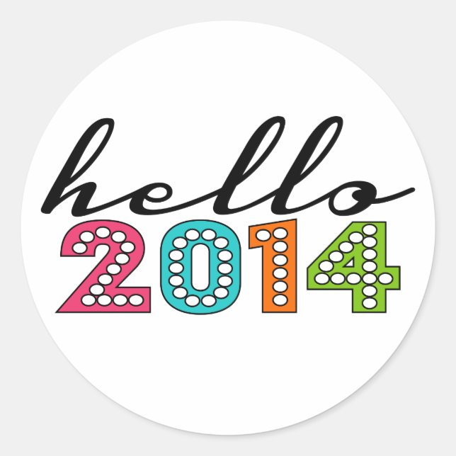 Redonda Hola feliz Pegatina de Año Nuevo 2014 (Anverso)