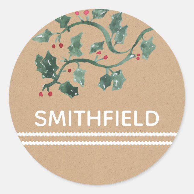 Redonda Holly Berries Añadir nombre Pegatina personalizado (Anverso)