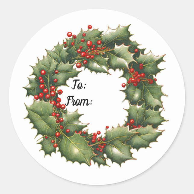 Redonda Holly Berry Wreath Round Pegatina (Anverso)