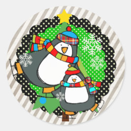 Redonda Holly Jolly Skyline Penguins Round Pegatina