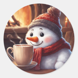 Redonda Hombre de nieve con Pegatina de café caliente al v