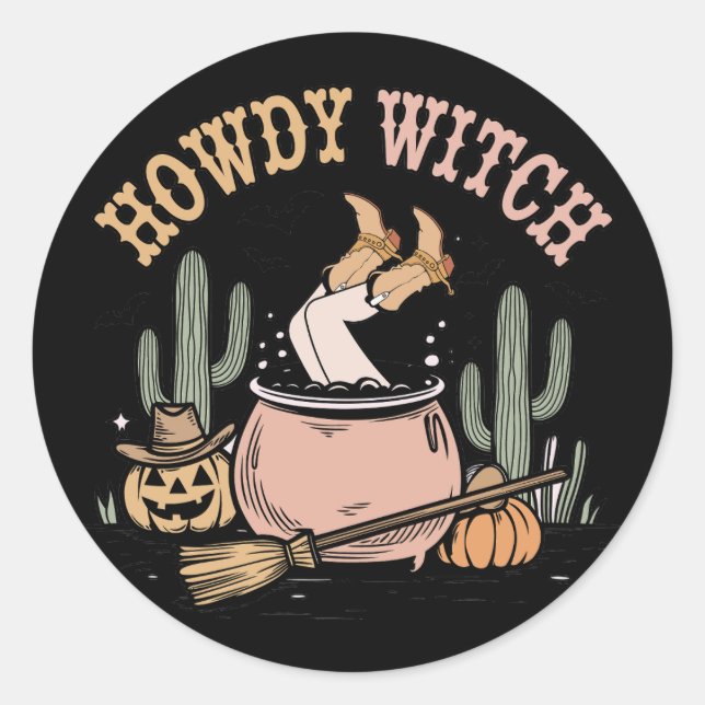 Redonda Howdy Witch Western Halloween Pegatina (Anverso)