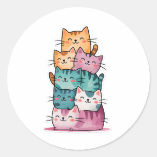 Redonda Kawaii Watercolor Cat Stack Cute Pegatina
