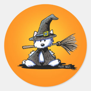 Redonda KiniArt Halloween Westie Witch Pegatina