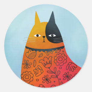 Redonda Kitty Cat Folk Art Pegatina