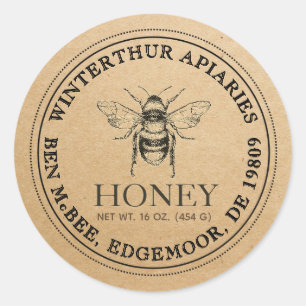 Redonda Kraft Honey Jar Vintage Bee Pegatina