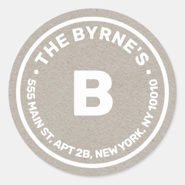 Redonda Kraft Monogram Address Classic Round Pegatina (Anverso)