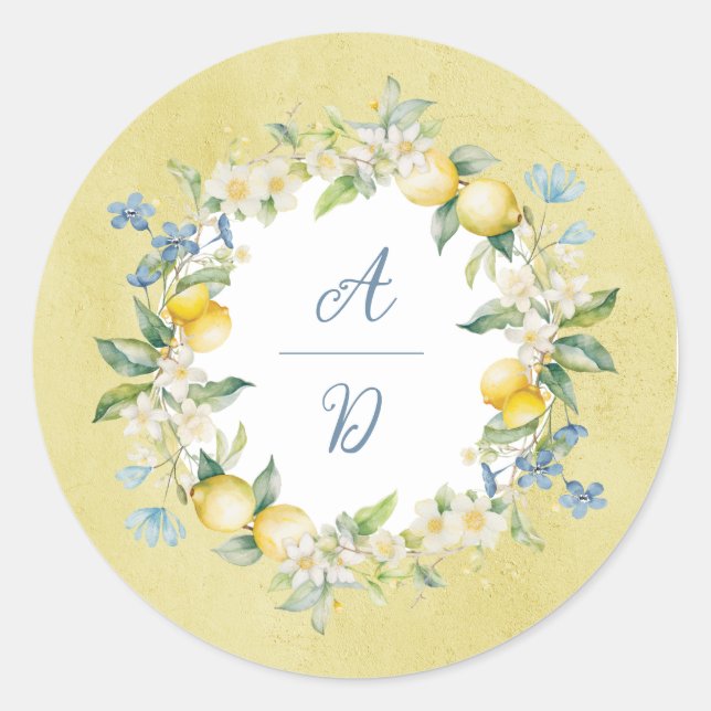 Redonda La Dolce Vita Lemon Floral Wreath Boda Pegatina (Anverso)