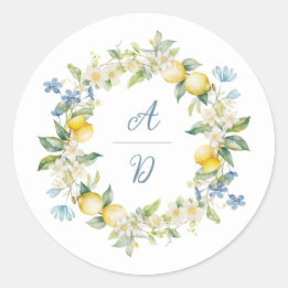 Redonda La Dolce Vita Lemon Floral Wreath Boda Pegatina