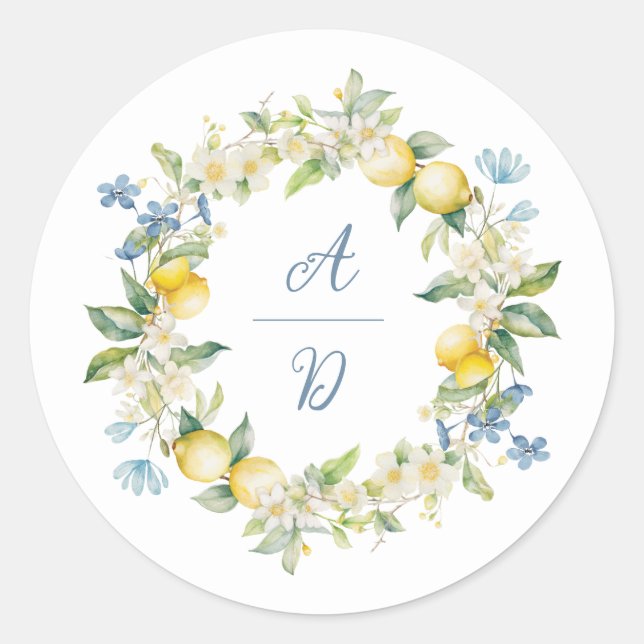 Redonda La Dolce Vita Lemon Floral Wreath Boda Pegatina (Anverso)