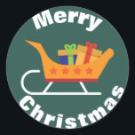 Redonda La pegatina navideña Sleigh de Santa<br><div class="desc">Diseño elegante tradicional de Santa Claus sobre fondo verde azulado con un saludo de Feliz Navidad en blanco. Excelente para envolver regalos,  sellar sobres,  adjuntar etiquetas a un paquete o poner en tus hijos bolsas de almuerzo!!</div>