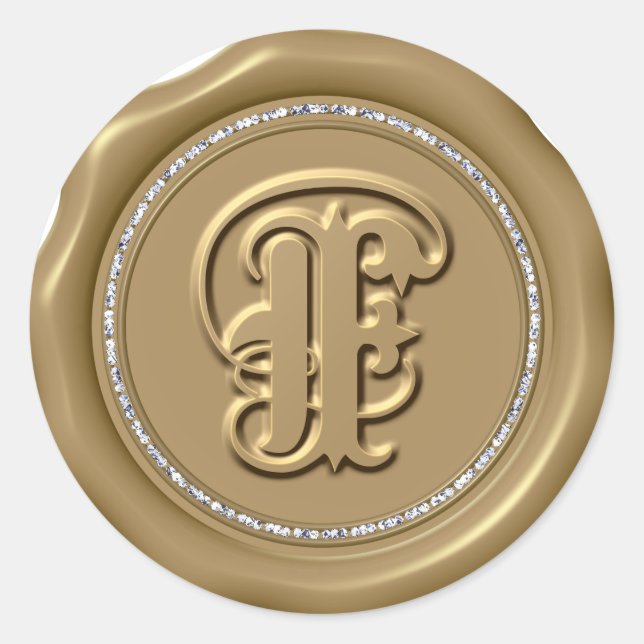 Redonda *~* Letra F Diamond Circle GOLD Wax Seque Pegatina (Anverso)