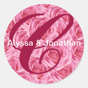 Redonda Letra monograma C Pegatina de rosas rosadas