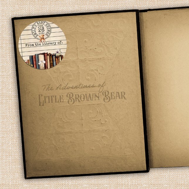 Redonda Libros de época para el Pegatina de la placa de bi (Cute vintage library card teddy bear bows books for baby shower invitation bookplate sticker  )