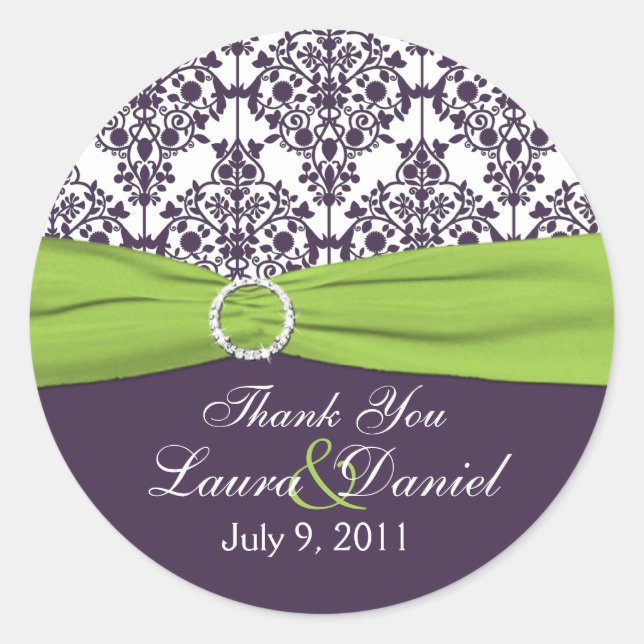 Redonda Lime y Purple Damask Gracias Pegatina (Anverso)
