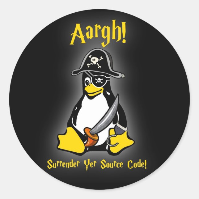 Redonda Linux Tux Penguin Pirate Pegatina Ubuntu negro, et (Anverso)