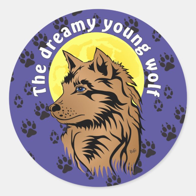 Redonda lobo joven pegatina soñando (Anverso)