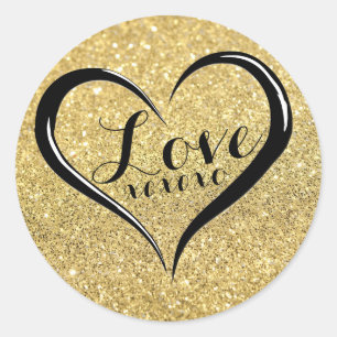 Redonda Love XOXO Heart Black Text on Gold Pegatina