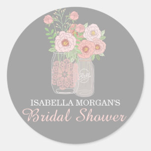 Redonda Lovely Peonies Mason Jar Bridal Shower Pegatina