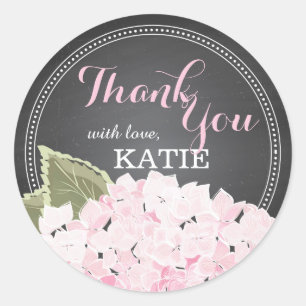 Redonda Lt Pink Hydrangea en Chalkboard Gracias Pegatina