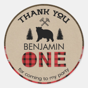 Redonda Lumberjack Bear Primer Pegatina de Favor de Cumple