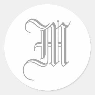 Redonda M Letra monograma Pegatina Inglés Gris Viejo