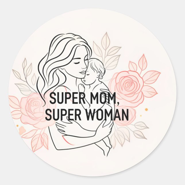 Redonda Madre Pegatina Super Mamá Mujer (Anverso)