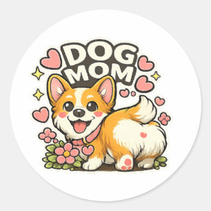 Redonda Mamá Perro Lindo Corgi Pegatina Kawaii Flor, Arte