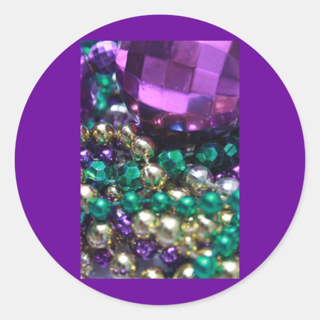 Redonda Mardi Gras Beads Purple Pegatina (Anverso)