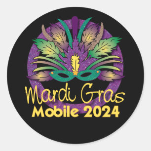 Redonda Mardi Gras Mask Pegatina -2024 - Móvil, AL