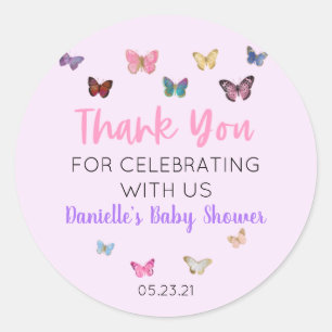 Redonda Mariposa Rosa Gracias Pegatina Favor Baby Shower