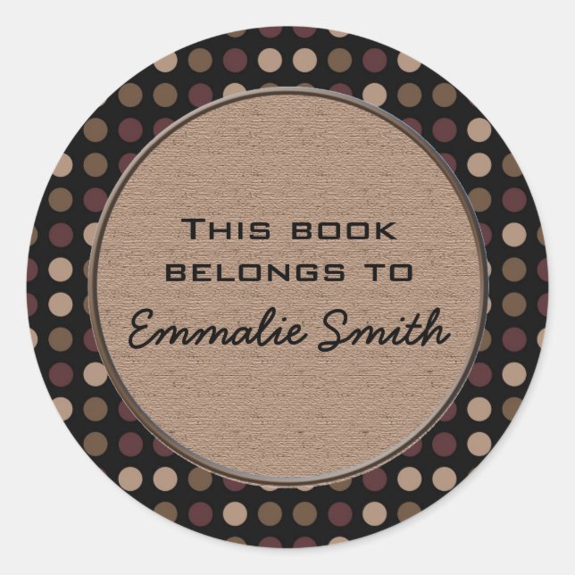 Redonda Marsala Brown Black Polka Dot Book Name Pegatina (Anverso)
