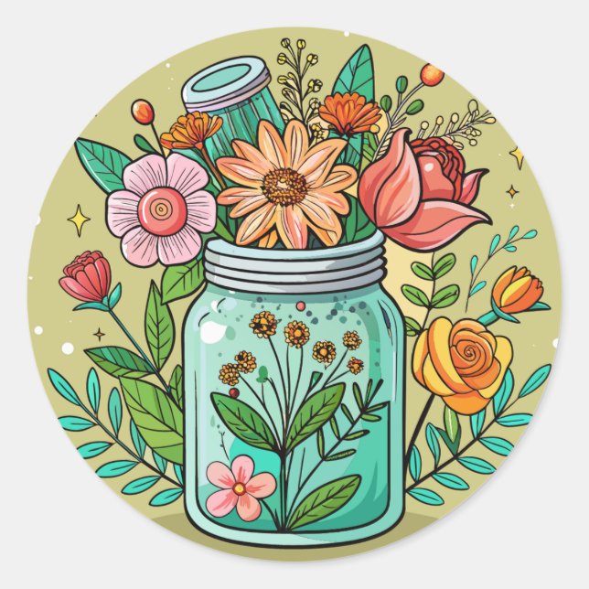 Redonda Mason Jar con Pegatina de flores (Anverso)
