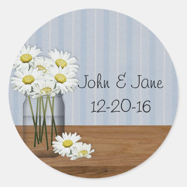 Redonda Mason Jar Daisies Boda Pegatina (Anverso)