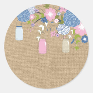 Redonda Mason Jar Faux Burlap Pegatina rosa y azul