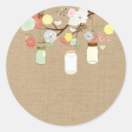 Redonda Mason Jars en Faux Burlap Pegatina